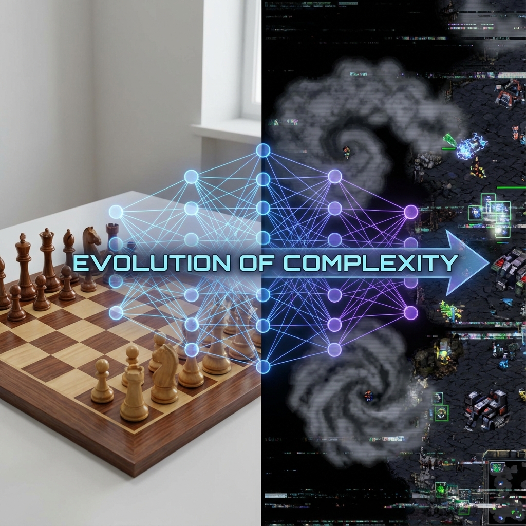 Comparison between the perfect information of chess and the imperfect information of Starcraft.