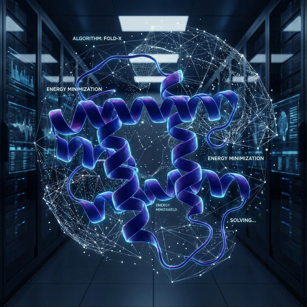 Visualization of a protein chain folding into a 3D structure via AI analysis.