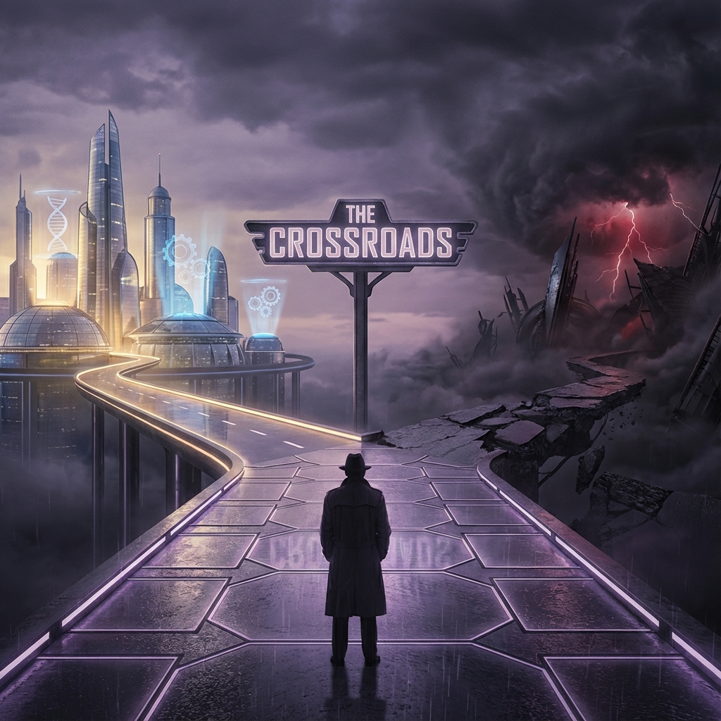 Conceptual illustration of the dual future paths of AGI: utopia vs. risk.