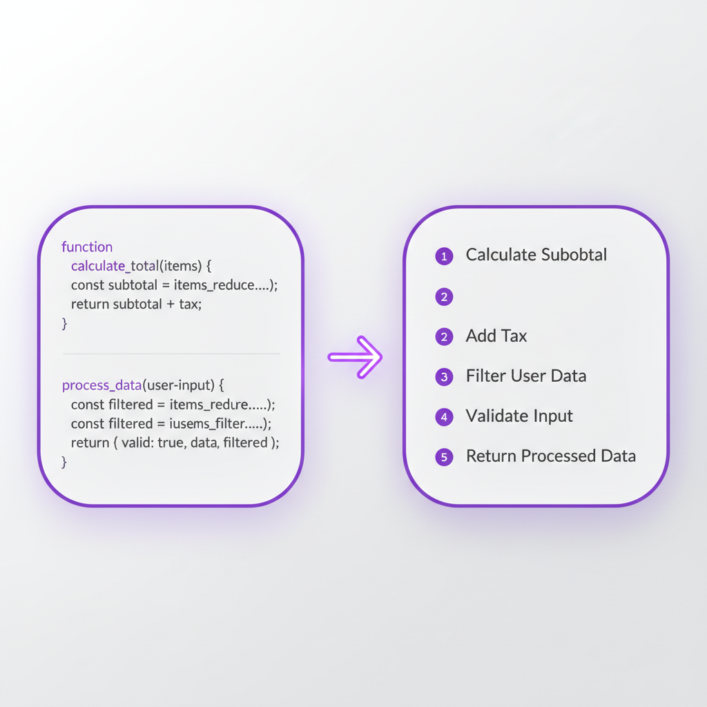 A visual representation of code being translated into a step-by-step natural language explanation.