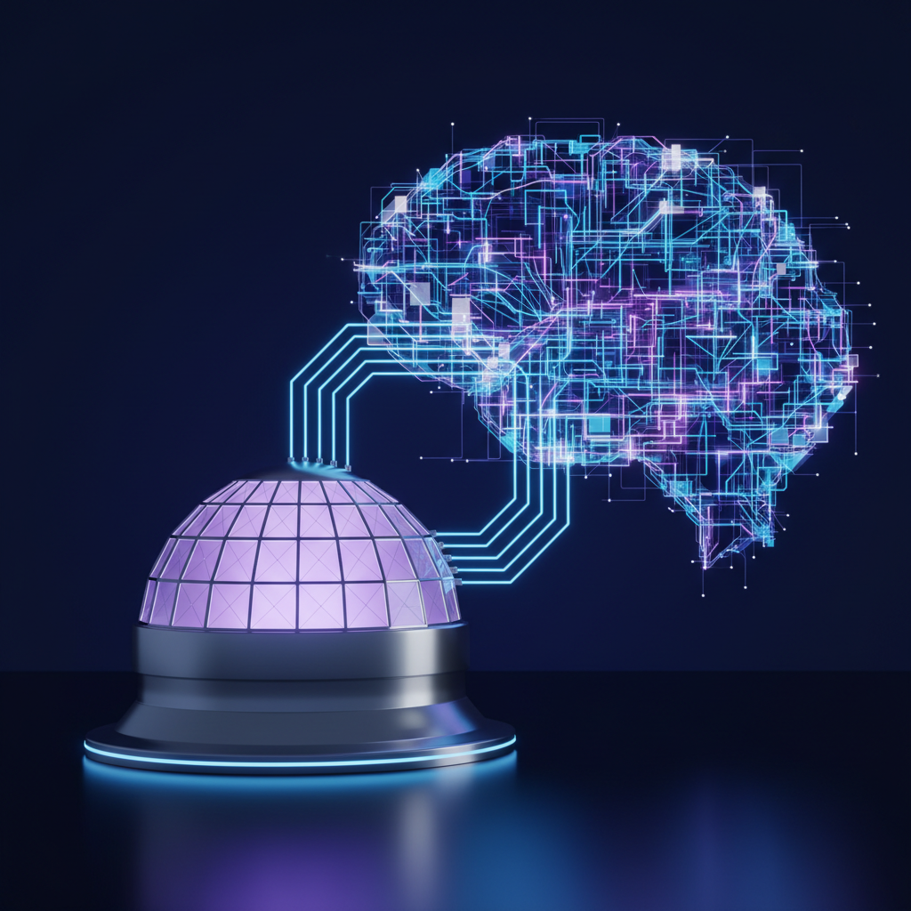 A modern nuclear reactor powering an abstract AI network.