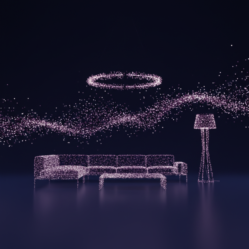 A 3D world being generated from millions of tiny light particles.