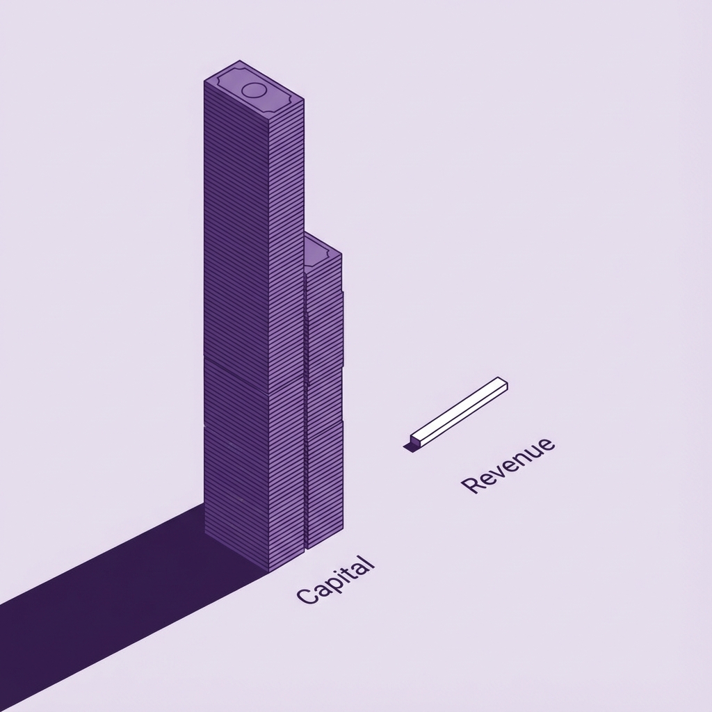 Abstract visualization showing the disparity between AI infrastructure investment and current revenue.