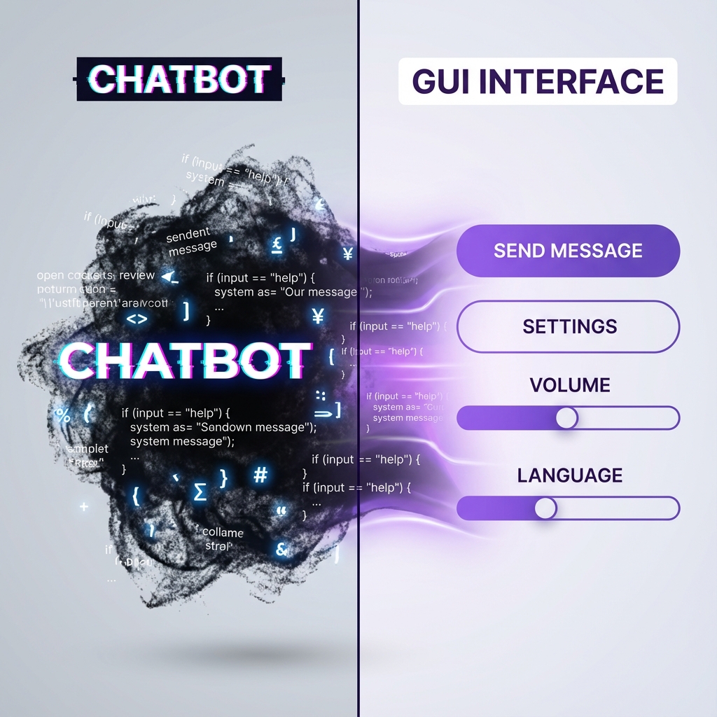 Visual metaphor comparing a chaotic chatbot interface to a structured graphical user interface.