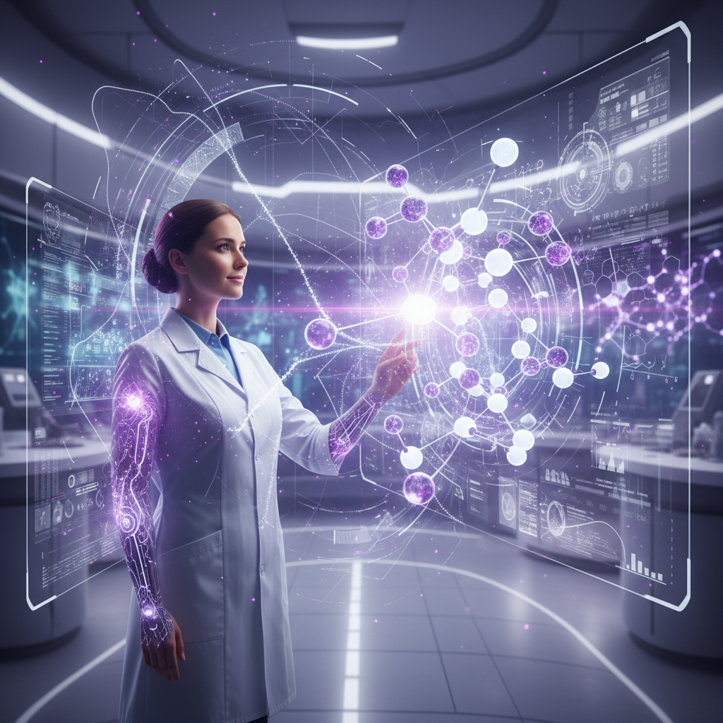 A scientist using an advanced AI interface to analyze a complex molecule.