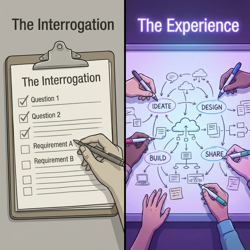 Visual comparison between transactional discovery and consultative whiteboarding.