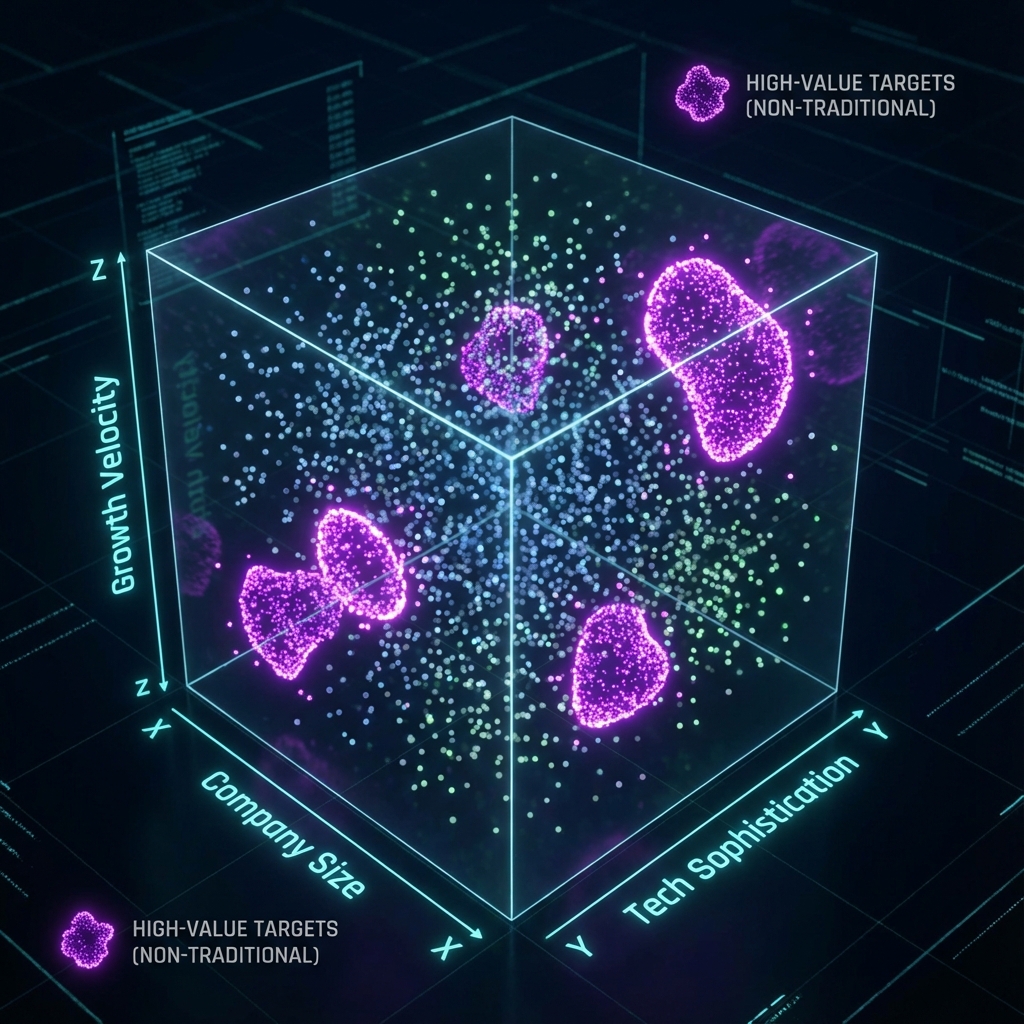 3D segmentation model showing multi-dimensional customer analysis.