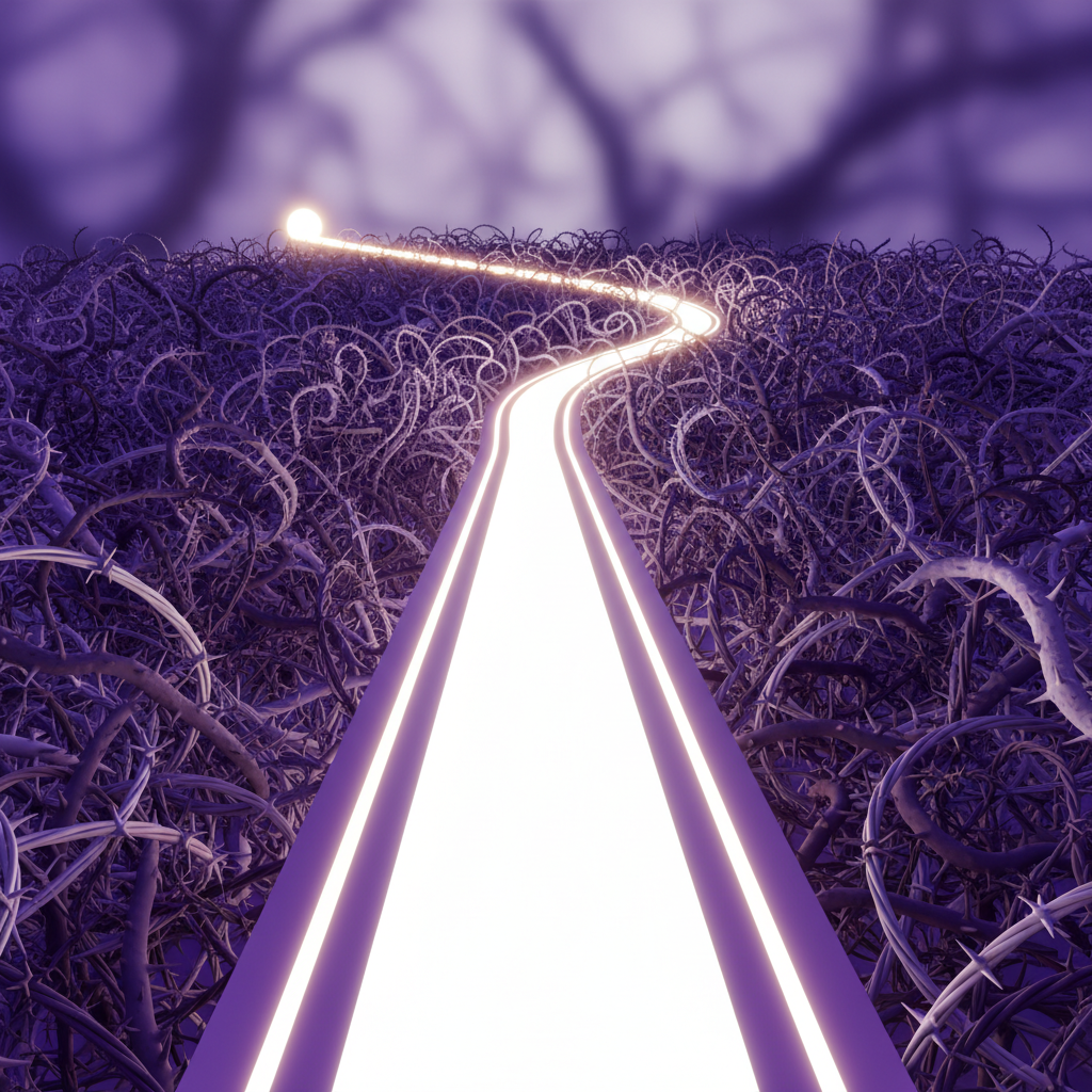 A clear escape route leading away from a tangled and dangerous path.